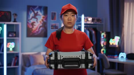 an intense moment captured: a determined figure in a red outfit holds a case, set against a vibrant background of gaming and modern decor