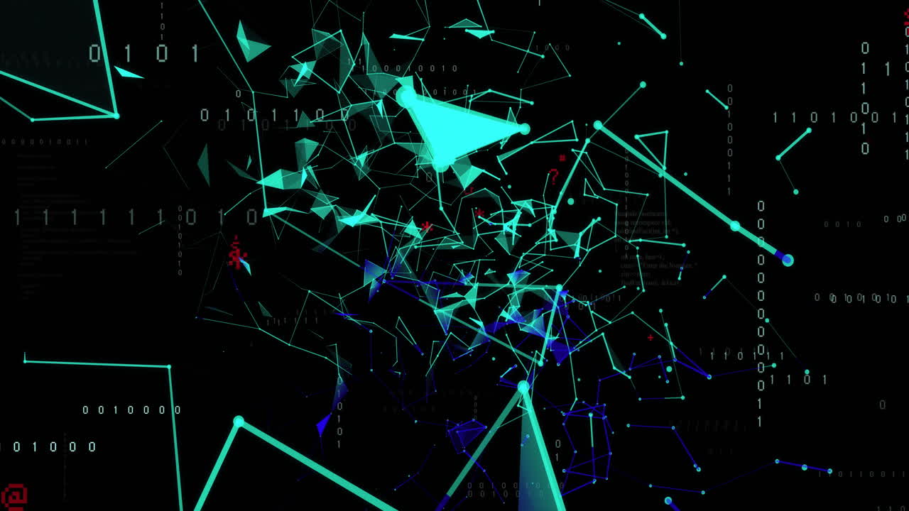 Animation of 3d blue networks and data processing on black background