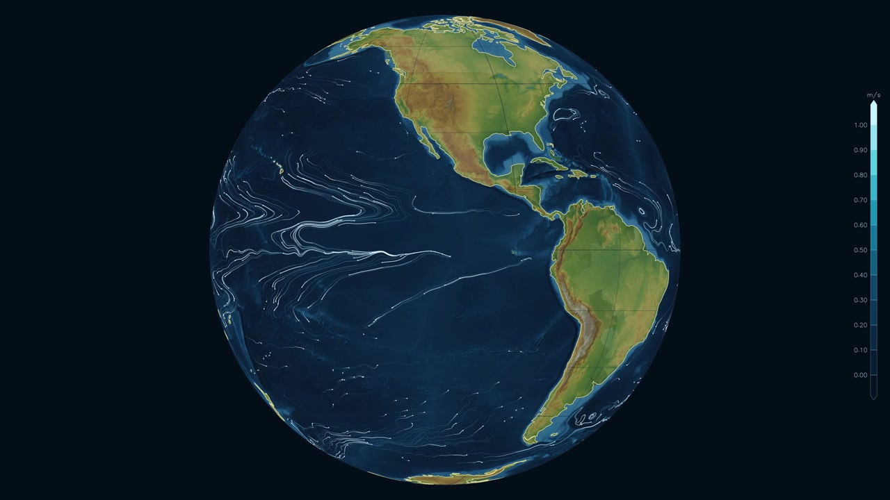 Pianeta Terra che ruota con correnti oceaniche globali animate, circolazione dell'acqua e scala di velocità, animazione in loop.