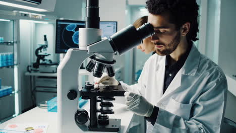scientists examining samples under microscope in modern laboratory