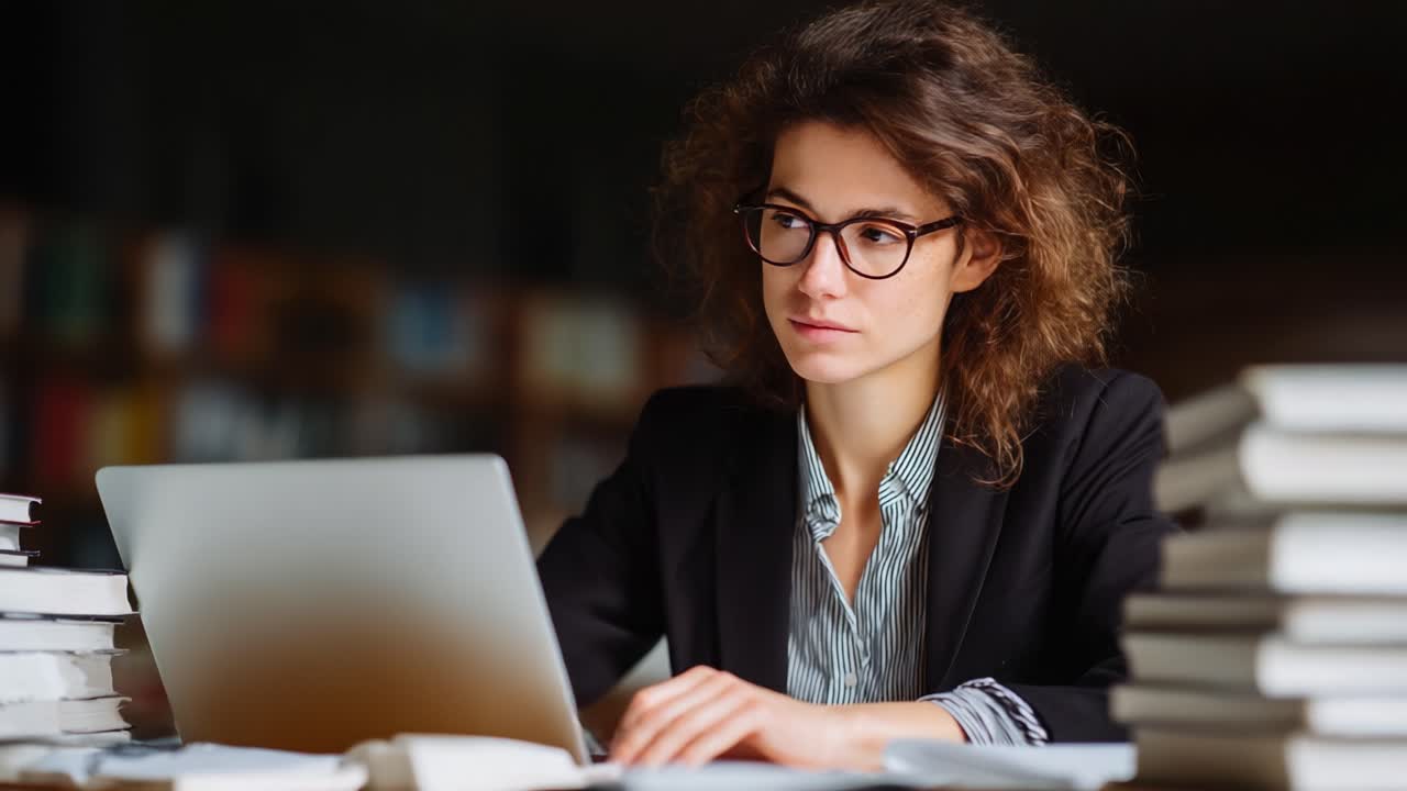 Focused Professional Engaged in Work on Laptop Surrounded by Stacks of Books, Illustrating a Productive Workspace Environment for Learning and Development