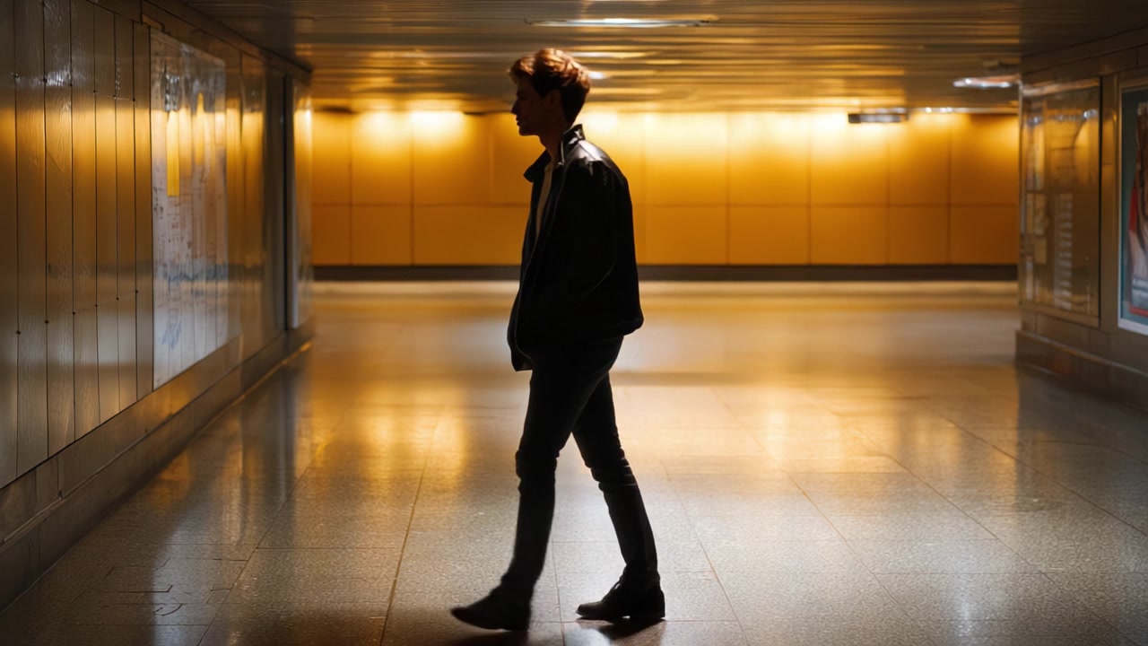 A solitary figure captures the essence of introspection and journey within an urban corridor, highlighted by warm tones and a reflective atmosphere in two frames.