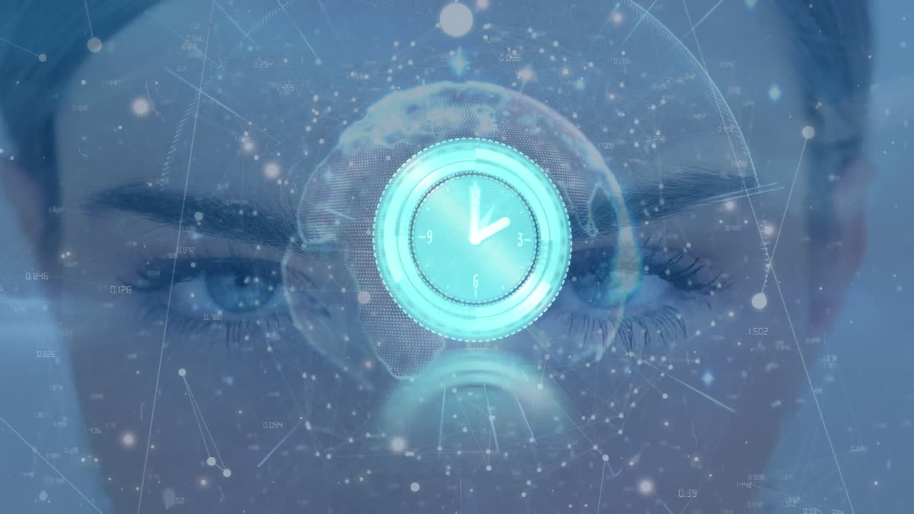 백인 여성의 얼굴 위에 데이터, 연결 및 지구를 움직이는 시계의 애니메이션
