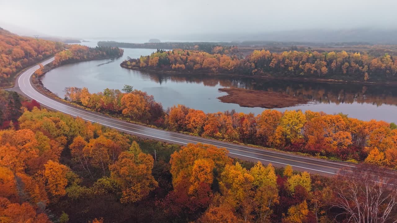 Drone footage shows tranquil bay lined with vibrant trees with orange and green foliage