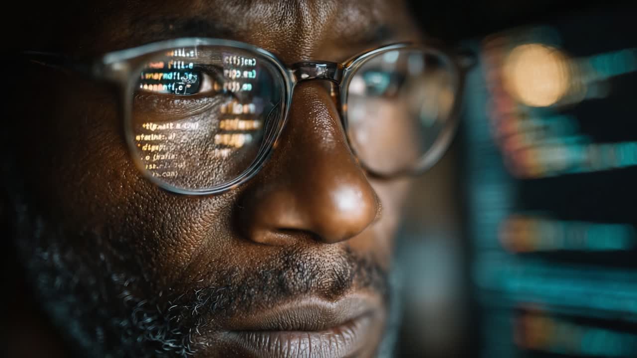 Sguardo Intenso e Concentrato di un Programmatore che Analizza Codice Complesso. Riflessi sugli Occhiali mentre Svolge Lavoro Profondo davanti allo Schermo del Computer in un Ambiente Poco Illuminato