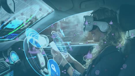 Animation-of-displays-and-icons-with-woman-in-vr-headset-using-smartphone-in-self-driving-car