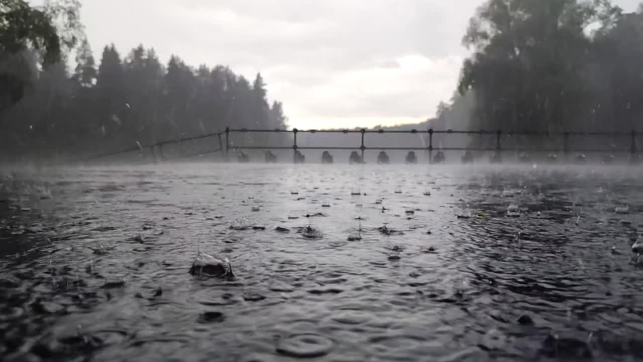Heavy rain splashes on a reflective bridge surface with a misty forest backdrop, creating dramatic ripples and a moody atmosphere
