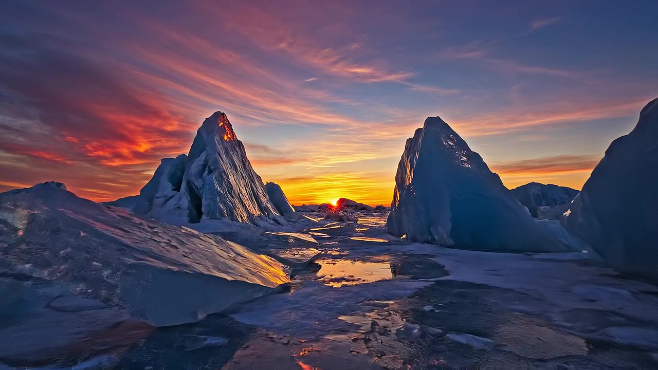 Dramatische zonsondergang over ijsbergen in een bevroren winterlandschap