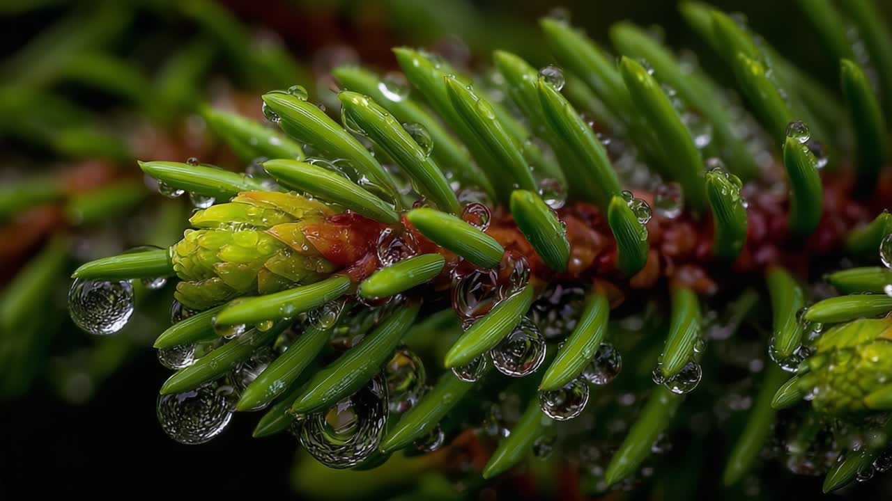 Glitrende Morgendugg på Frodig Grønne Furunåler: Nærbilde Makrofoto Som Fanger Naturens Skjønnhet og Intrikate Detaljer i et Levende Skogshabitat