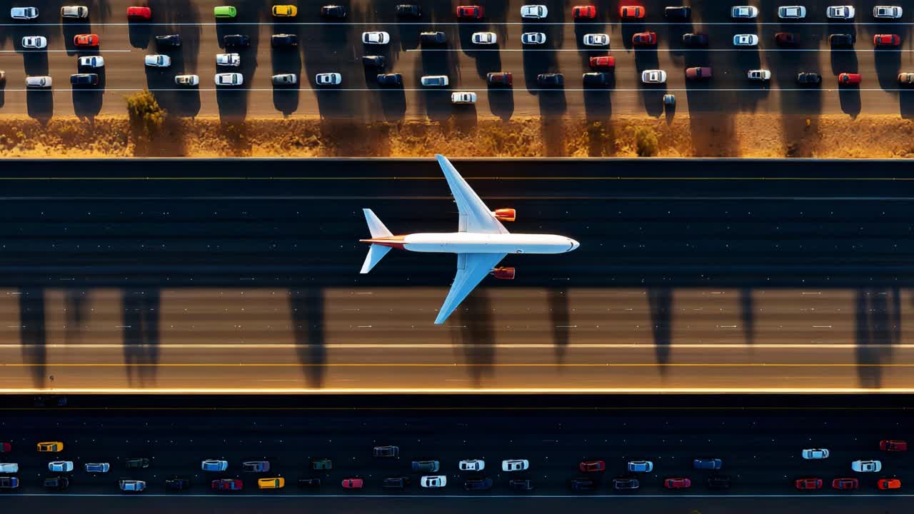 An Aerial View of an Airplane Flying Over a Traffic Jam on a Busy Highway, Capturing the Contrast Between Air Travel and Ground Traffic During Daylight Hours