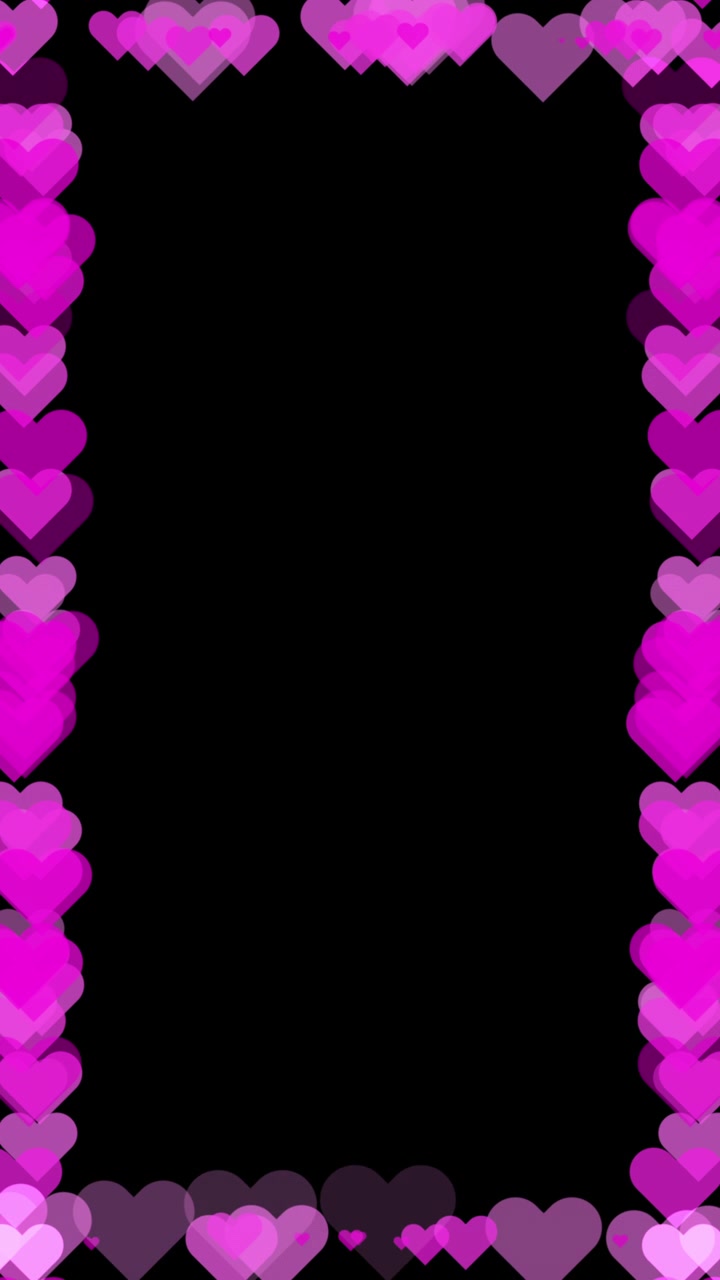 Cornice animata di cuori rosa e viola su sfondo nero
