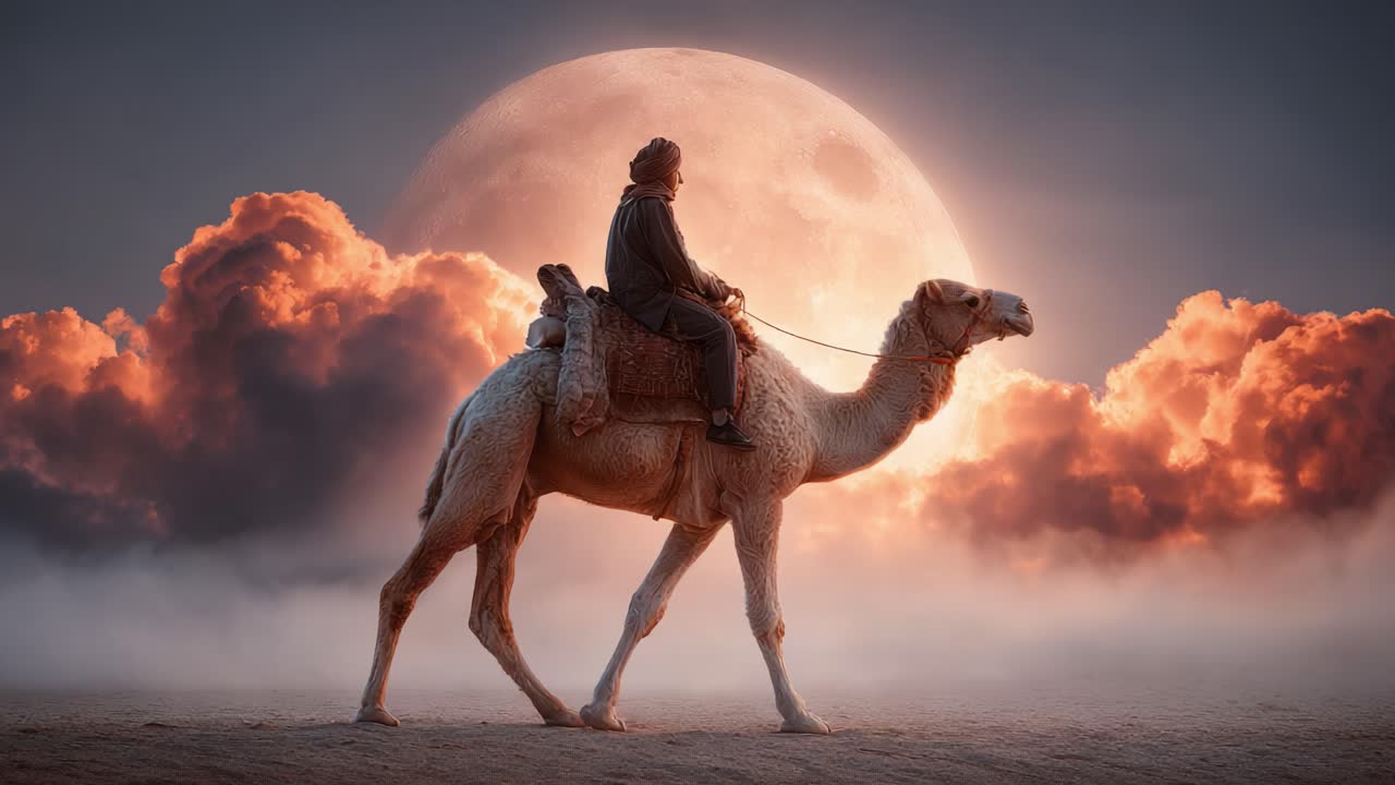 A solitary traveler journeys through a mystical landscape on a serene camel, illuminated by the glowing full moon and vibrant clouds, creating an enchanting atmosphere