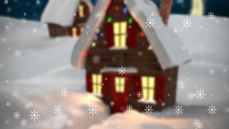 Animation-of-snow-falling-over-night-winter-landscape-with-houses