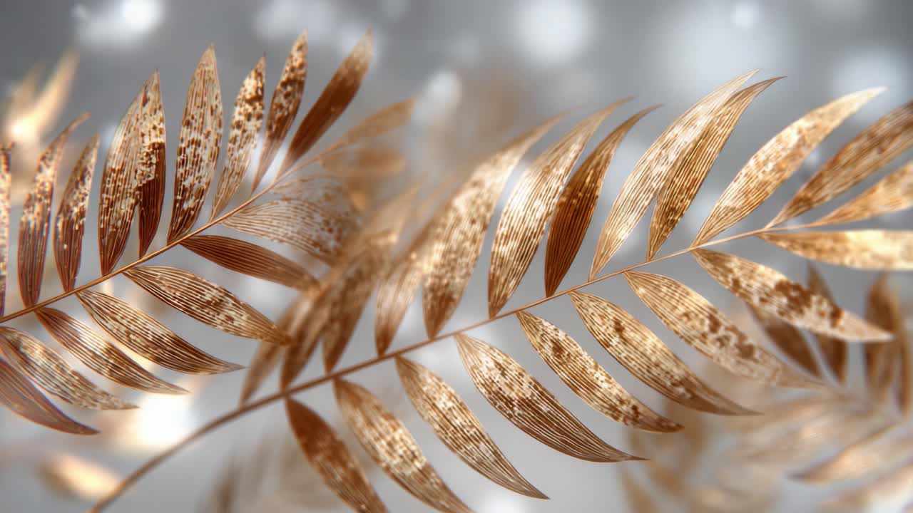 Foglie dorate scintillanti: Un primo piano accattivante di fogliame luccicante in un'ambientazione sognante ed eterea con tenui riflessi di luce.