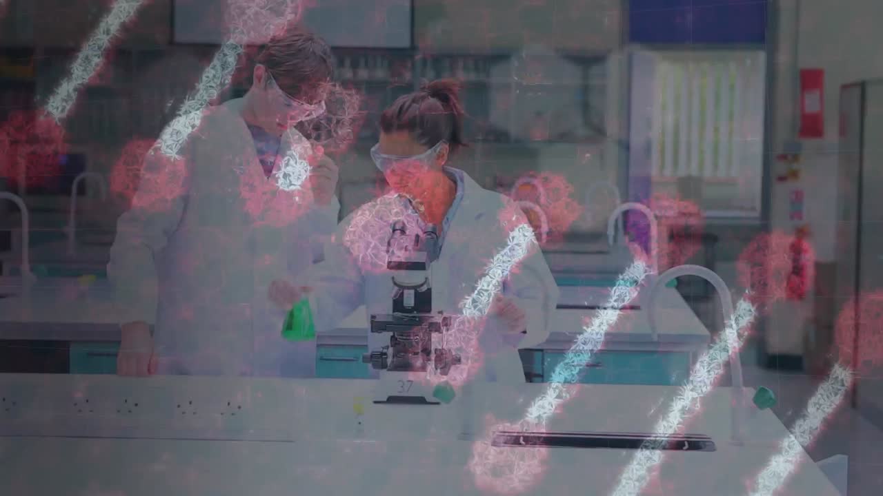 코로나19 코로나바이러스의 배경에 대해 연구하는 과학자들의 dna 줄기의 이중 나선이 회전하고 있습니다.