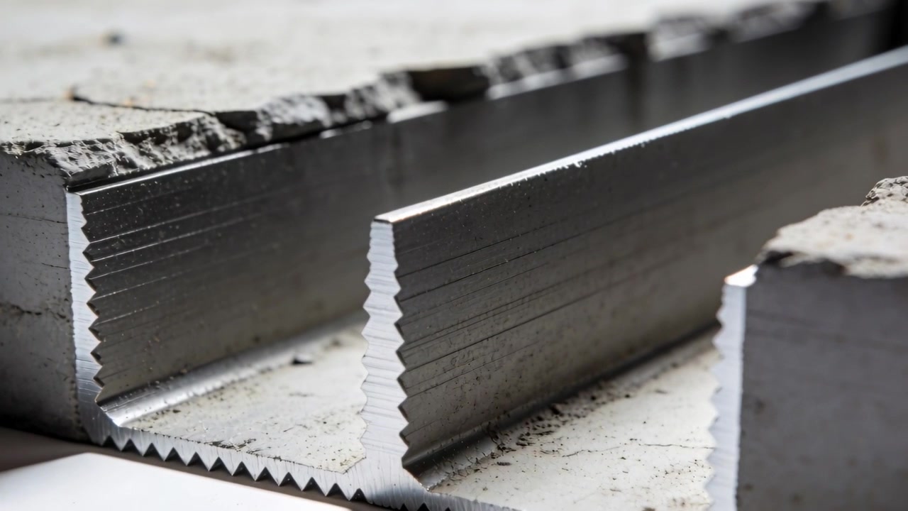Kamera zbliża się, centralny metalowy kanał ukazuje ząbkowaną podstawę, z fragmentami zaprawy na wierzchu, na ławce.