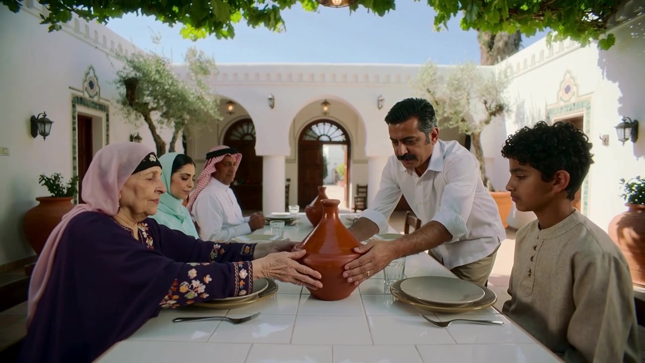 Leaning white-shirted host handing large tagine pot onto long tiled courtyard table for family meal