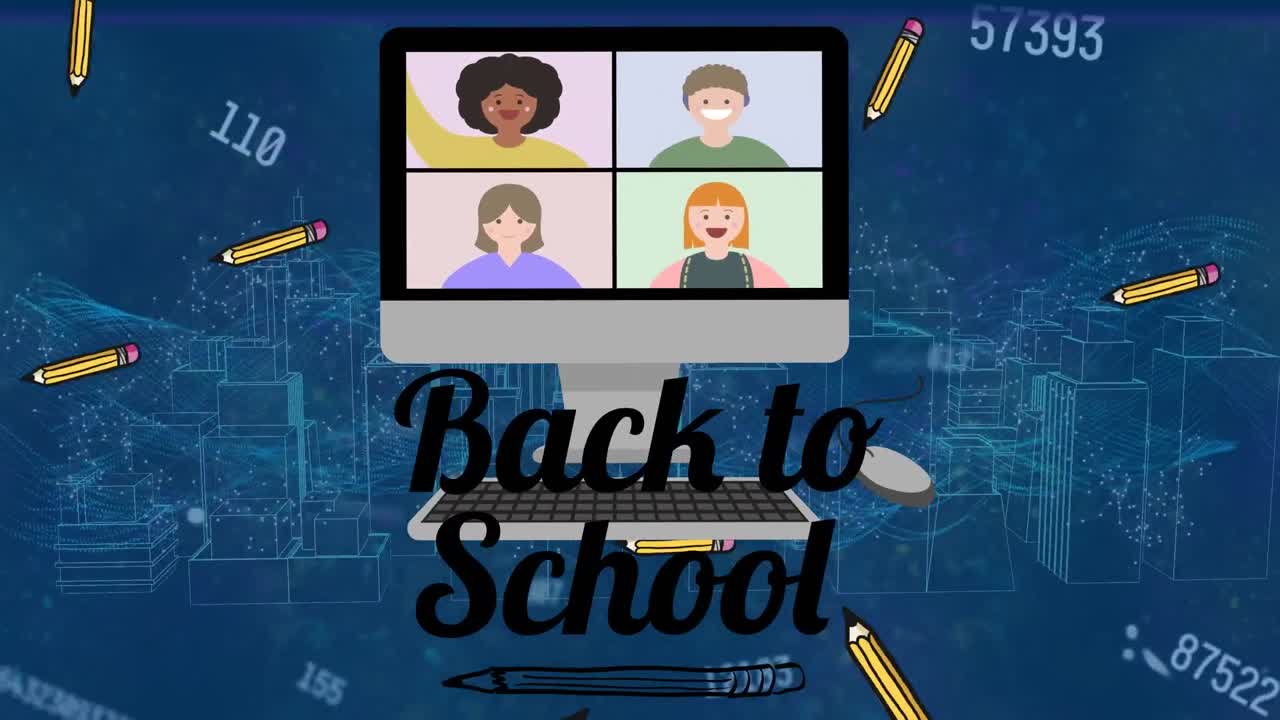 Animation of screen with people and back to school over metaverse city and connections