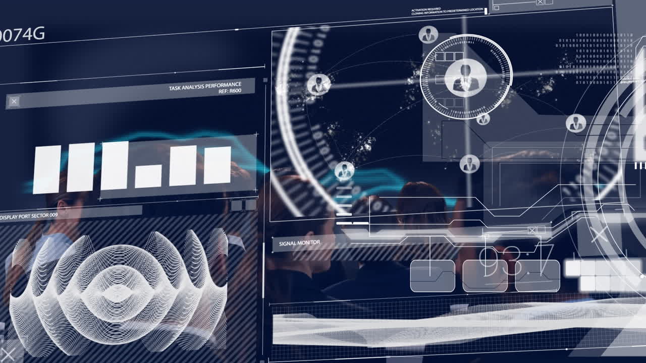 Animation of interface with data processing over rear view of businesspeople and blue light trails
