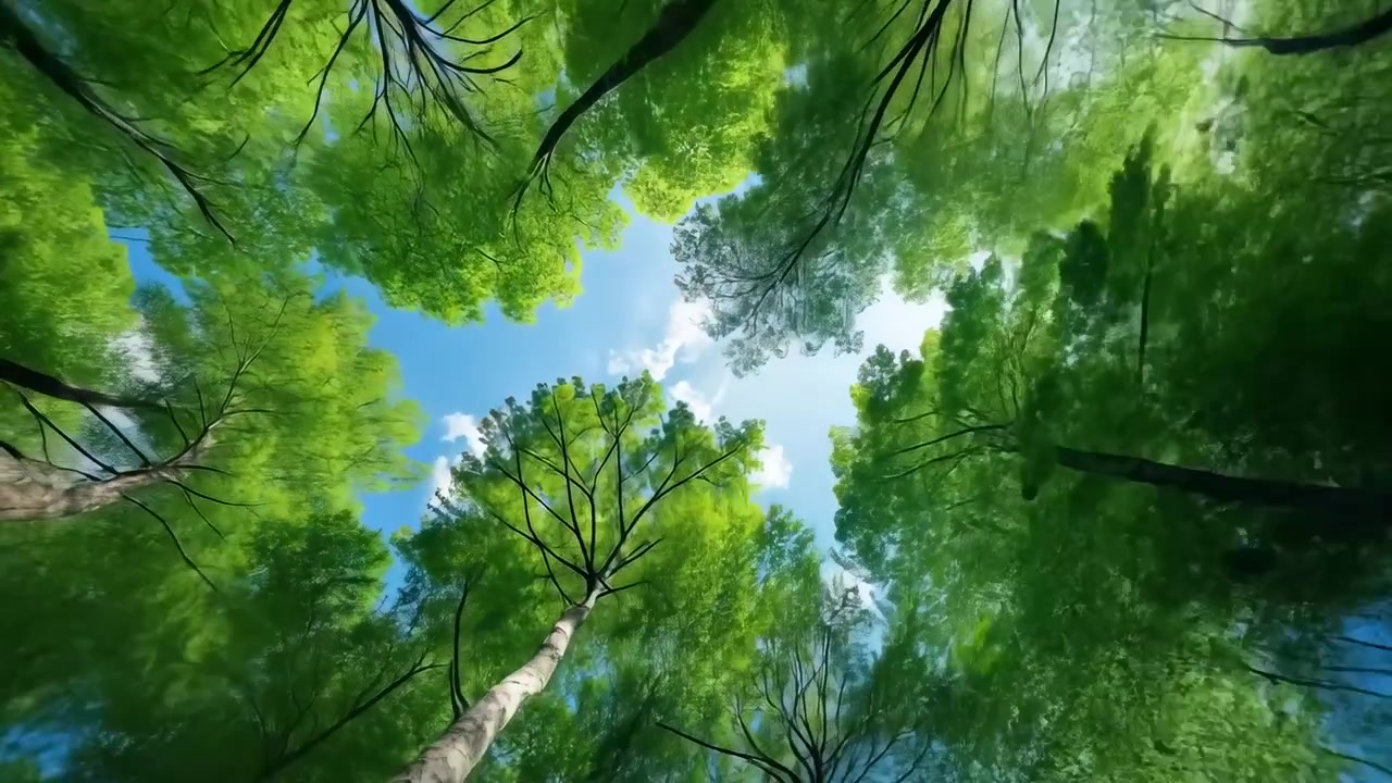 Vista dal basso della lussureggiante chioma verde della foresta contro il cielo blu