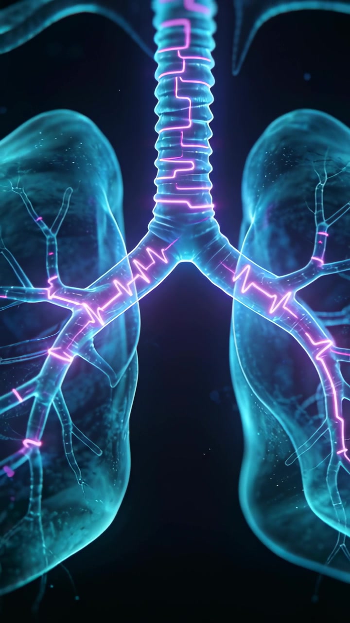 Video verticale: Un'onda pulsante si forma nella trachea, tracciando le vie aeree nei polmoni in una grafica per mostrare il flusso.