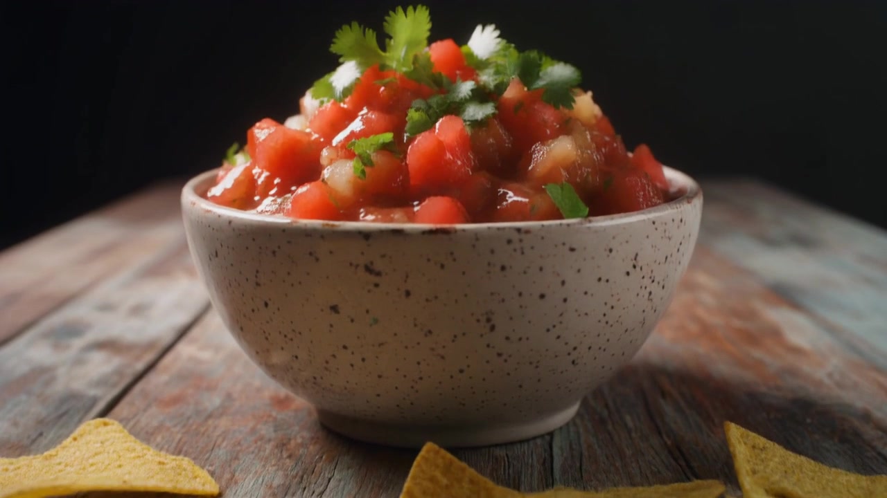 Ciotola di salsa di pomodoro fresca con tortilla chips su un tavolo di legno rustico
