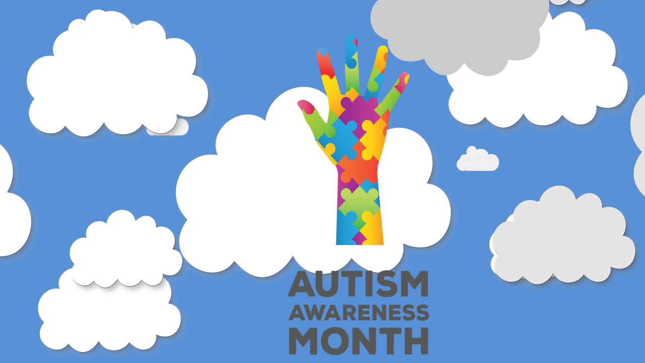 Animation of autism awareness month over hand formed with puzzles over clouds on blue sky