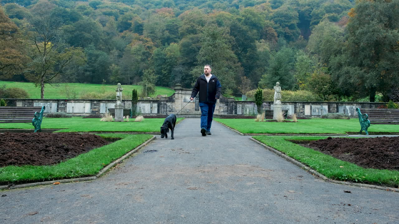 A low symmetrical shot of a man walking his dog toward the camera through an autumn war memorial garden surrounded by fallen leaves and soft light