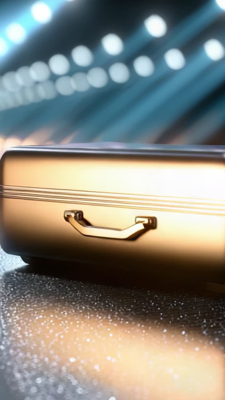A sleek black briefcase resting on a glittering surface illuminated by soft lights, showcasing its elegant design and craftsmanship in a stylish environment