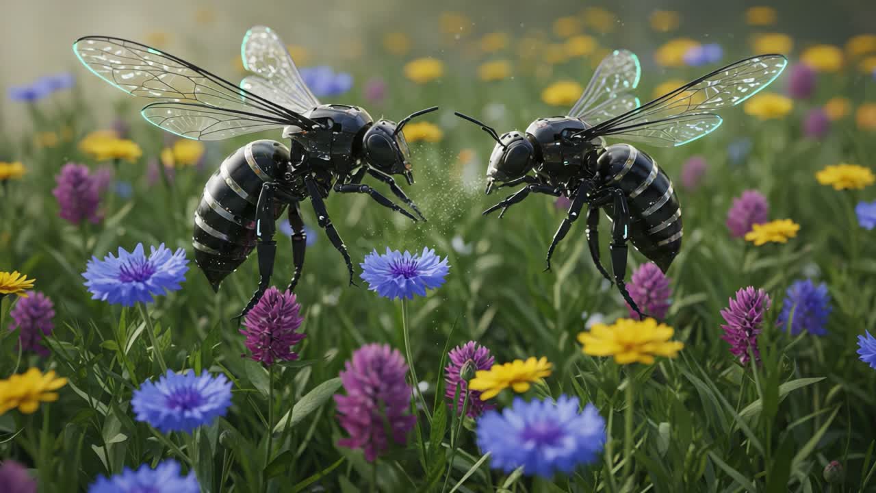 A Stunning Pair of Futuristic Black Bees Hovering Over Colorful Wildflowers in a Lush Green Field, Capturing the Essence of Nature's Beauty Through Advanced Technology