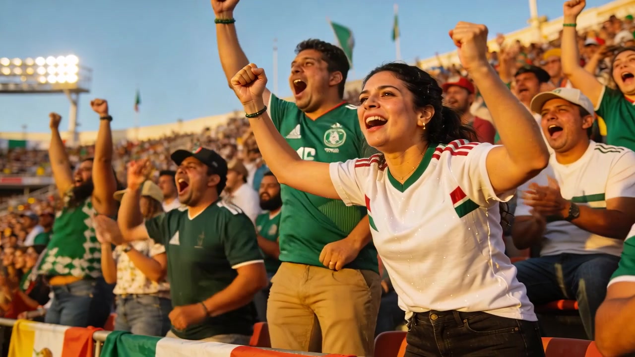 Mujer de pie con camiseta blanca levantando los puños, gritando después de una jugada decisiva en el estadio, ondeando banderas.