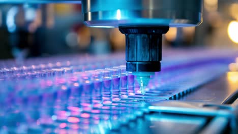 robotic arm precisely dripping liquid onto aligned test tubes, laboratory environment bathed in blue and purple illumination, highlighting cutting edge scientific research technology