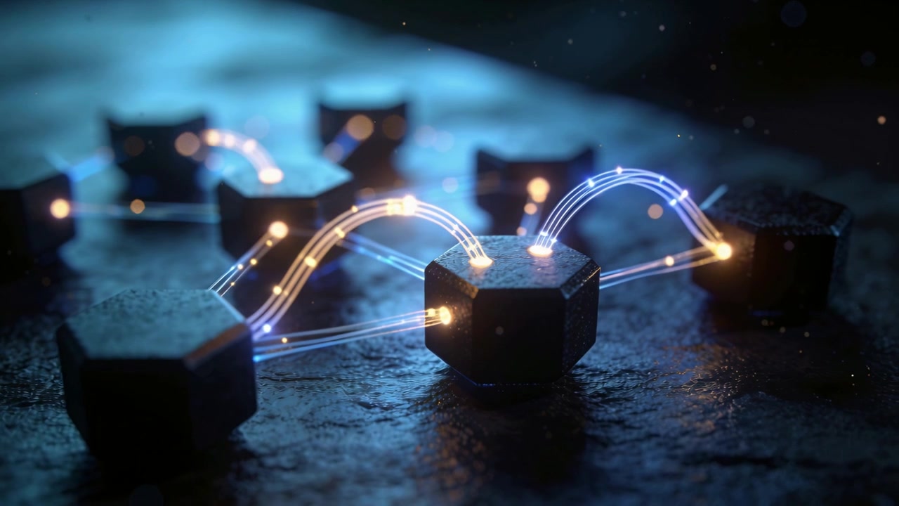 Glowing ports sparking central hex node, emitting blue amber strands forming bridges on metal table