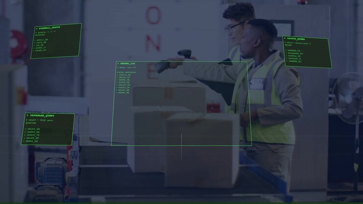 To pakkere scanner kasser med en scanner, mens de ser på en tablet, der viser en AR-brugerflade over kasserne til logistikkontrol.