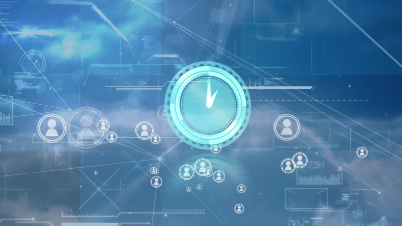 하늘 위의 아이콘, 연결 및 데이터 위에 움직이는 시계의 애니메이션