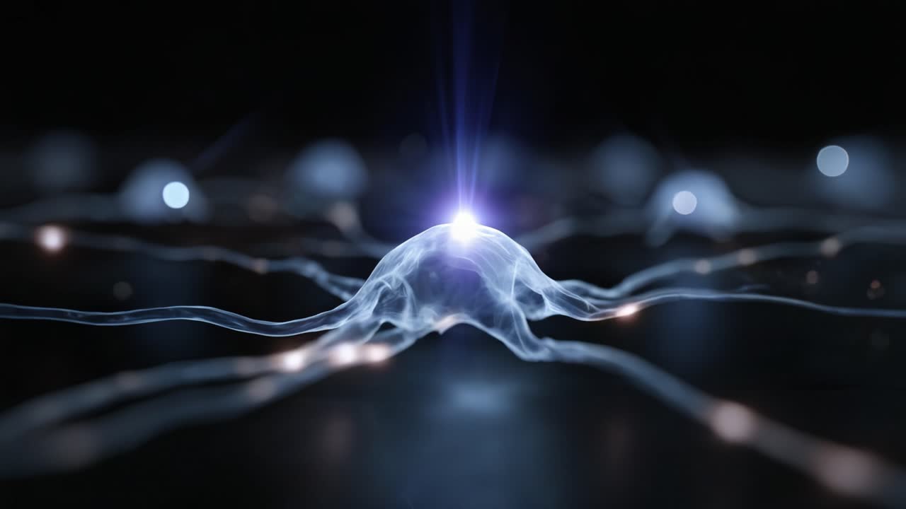 Visual Representation of Neurons with Dynamic Light Emissions, Highlighting Connectivity and Neural Activity in a Dark Abstract Background