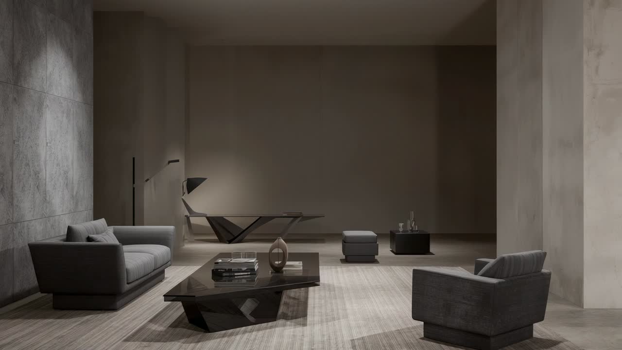 Starting playback showing minimalist lounge interior, featuring sofa coffee table and chaise longue