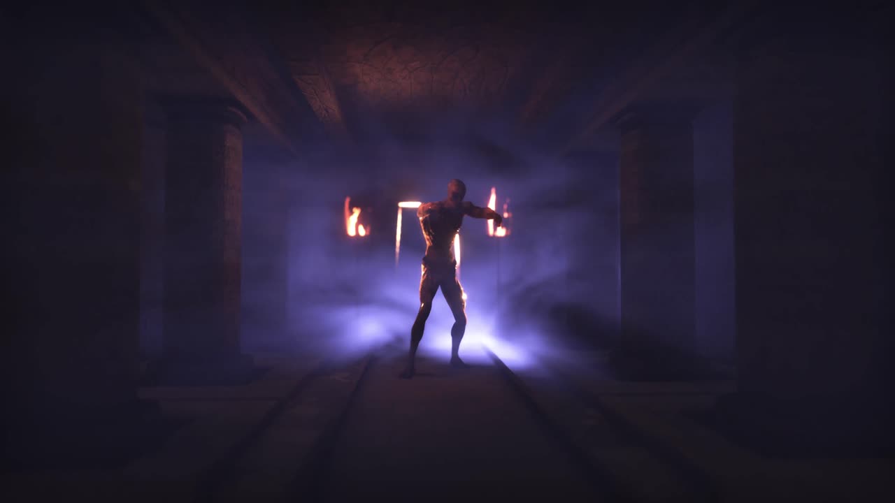 animación de espantosa momia zombi caminando por la habitación oscura de la cripta con antorchas en llamas