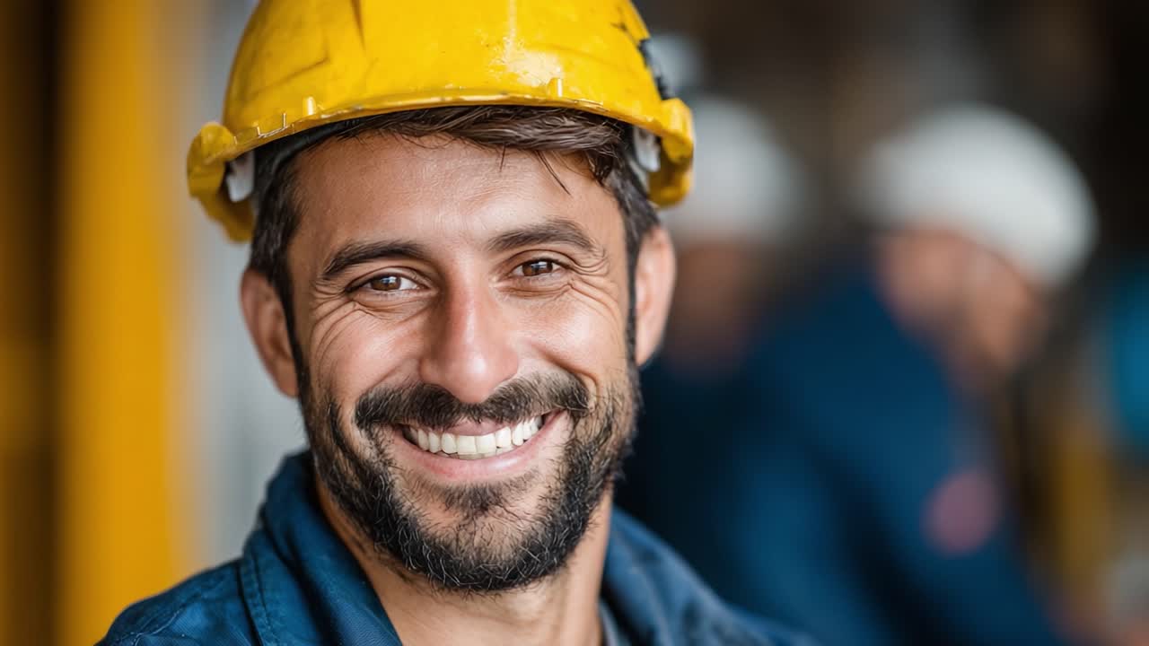 A Joyful Construction Worker Smiling Confidently with a Yellow Hard Hat, Capturing the Spirit of Hard Work and Team Collaboration in an Industrial Environment