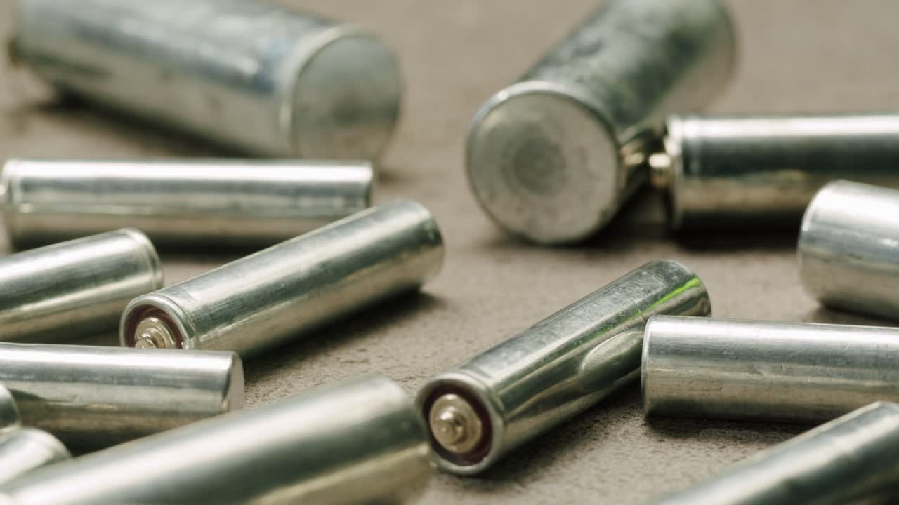 Silver batteries AA and AAA on black background close-up. Double-A battery is a standard size single cell cylindrical dry battery. Batteries are common in portable electronic devices. An AA battery is composed of a single electrochemical cell that may be either a primary battery or a rechargeable ba