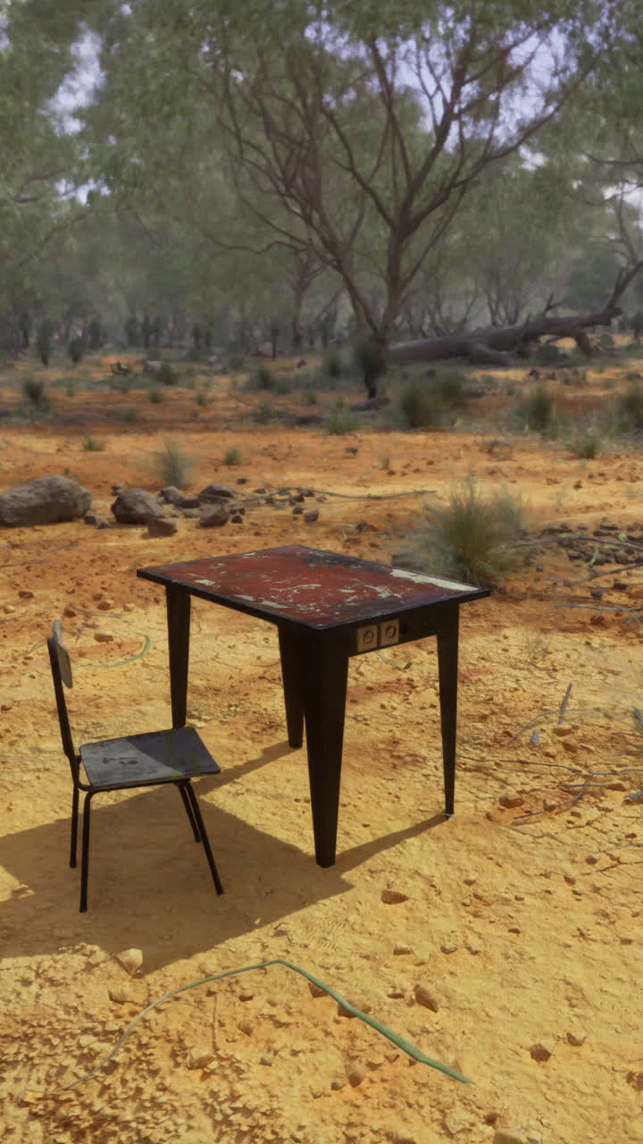 A lone table and chair sit in a barren australian landscape