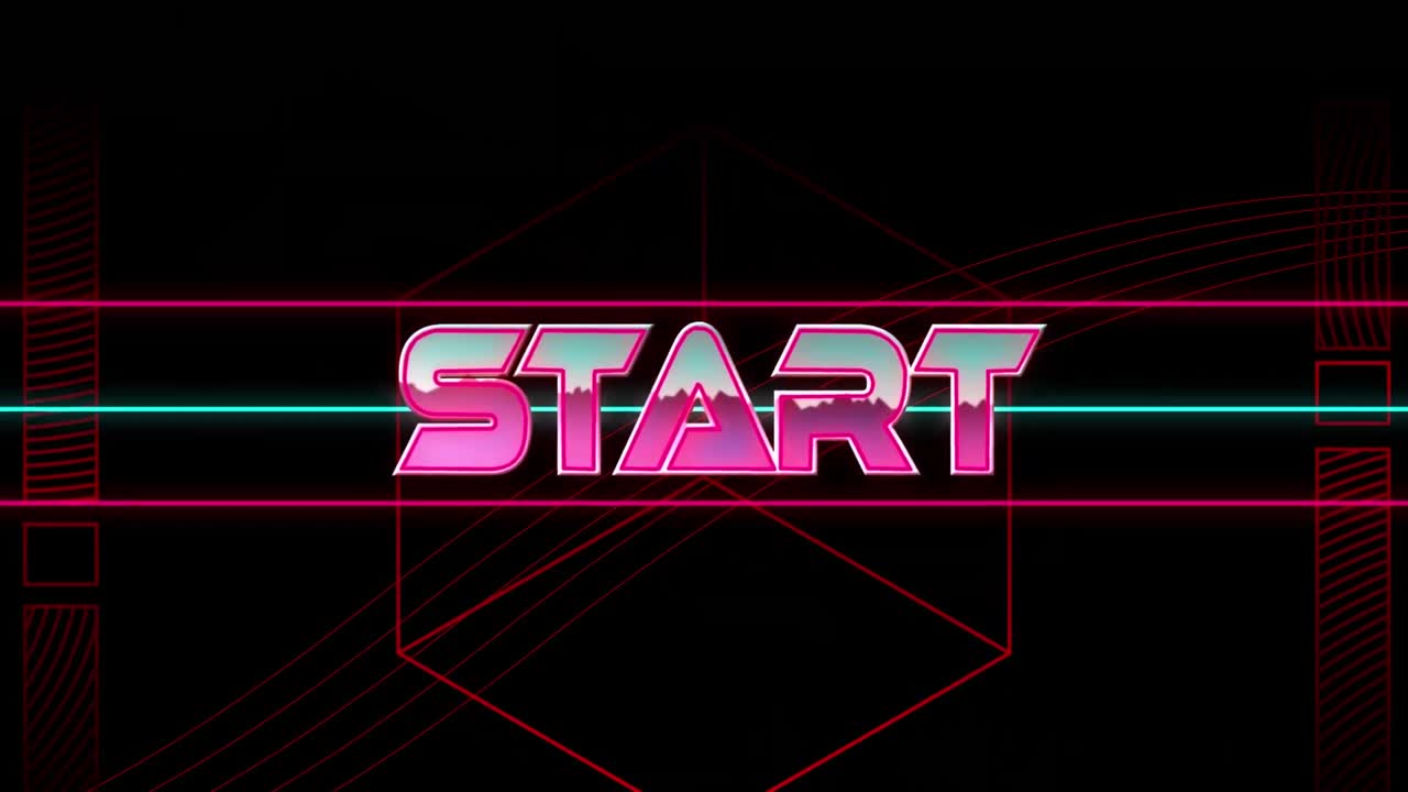 Animation of start text over redl geometrical shapes on black background