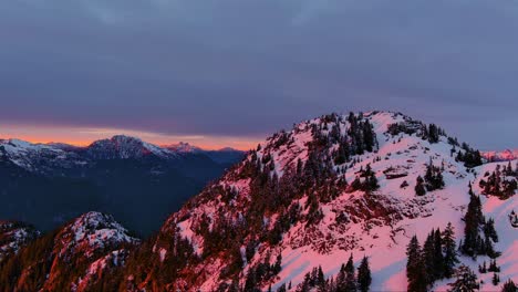 snowy mountain peaks, dramatic, colorful sunset sky