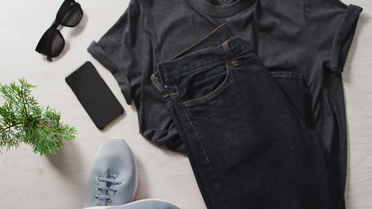 Video of plant, smartphone, shoe, sunglasses and clothes on white background