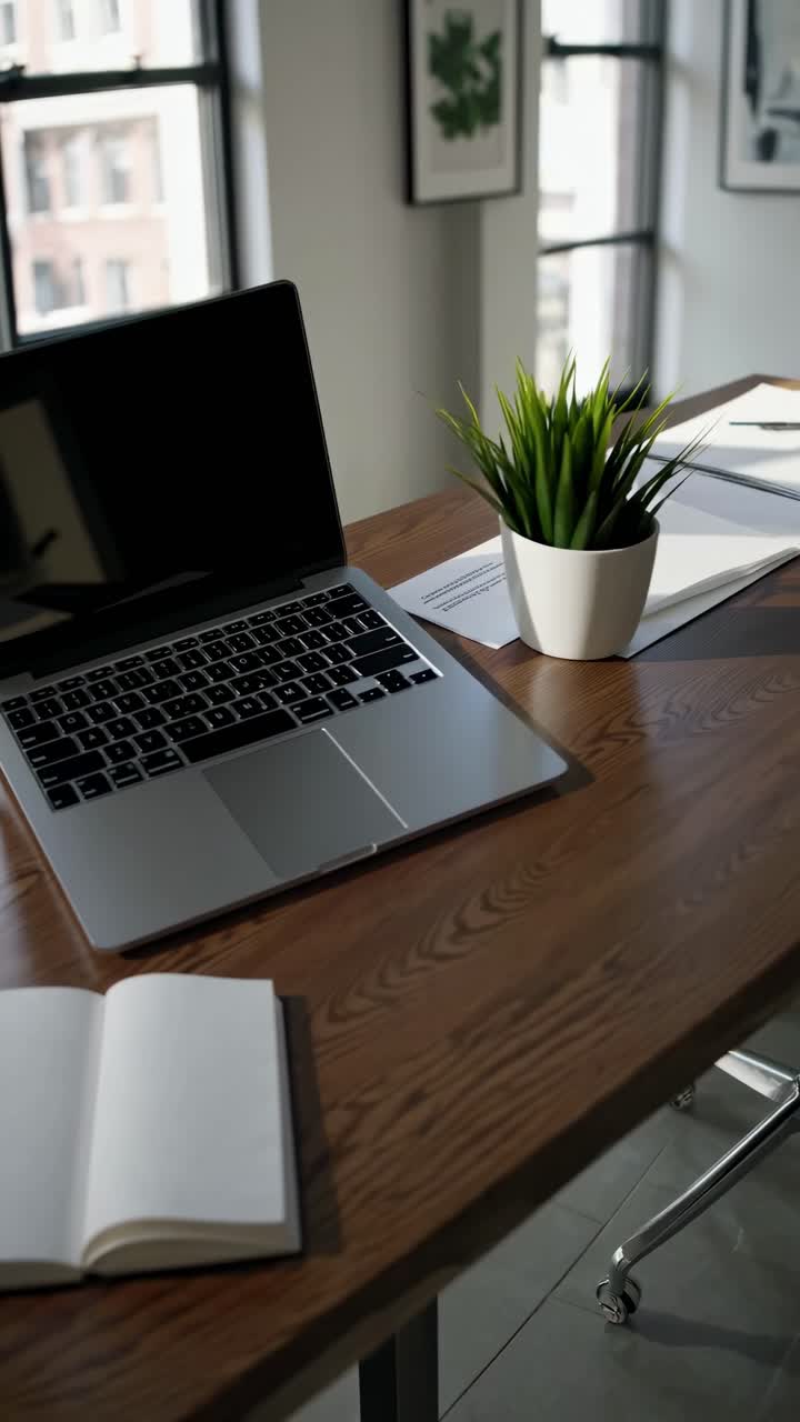 A cozy workspace with a laptop, notebook, and plant on a wooden desk
