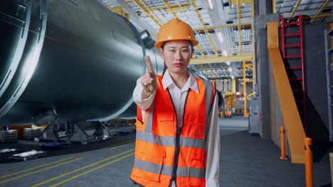 female engineer giving stop signal in industrial facility