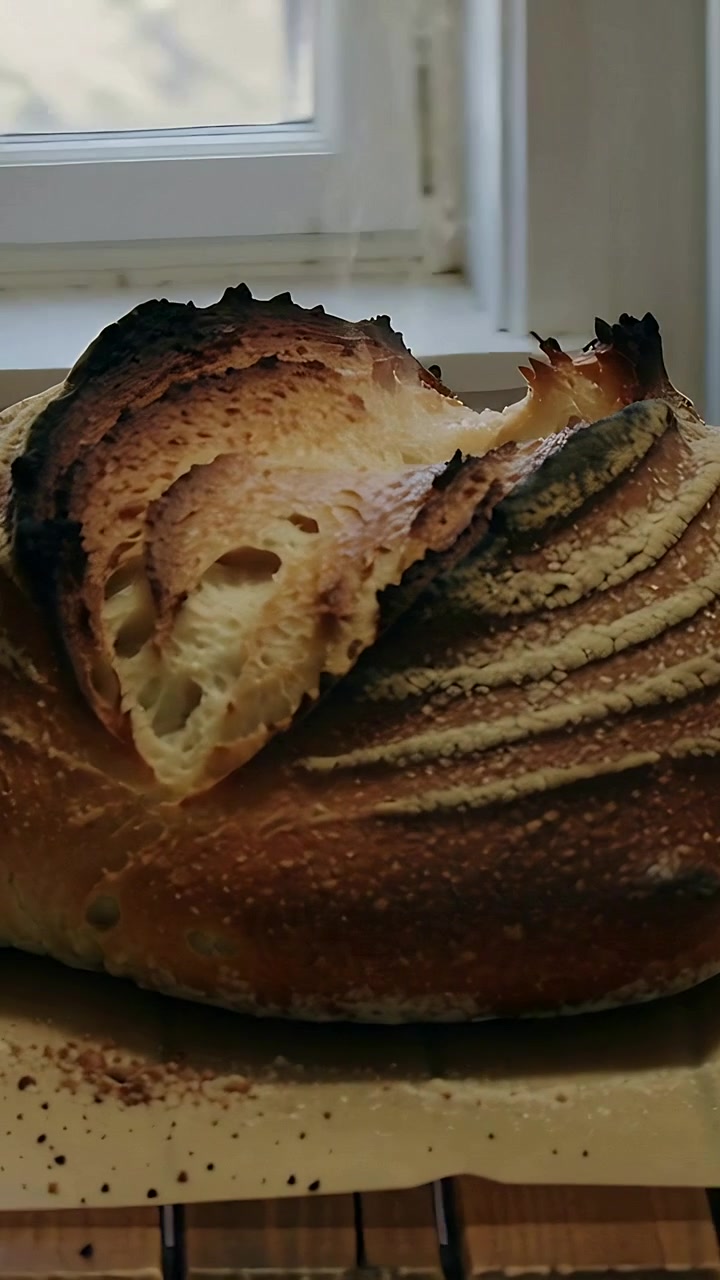 Vertical video: Camera pulling back revealing steaming loaf cooling on counter by window