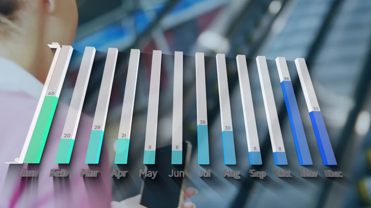 스마트 폰을 사용하는 백인 사업가 여성에 대한 데이터 처리 애니메이션