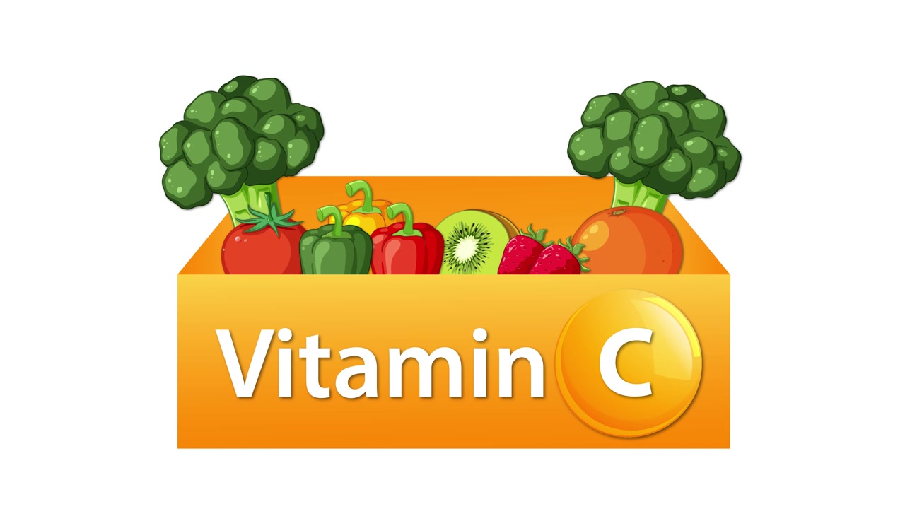 Una scatola animata si riempie di frutta e verdura colorate, evidenziando le fonti di vitamina C su sfondo bianco