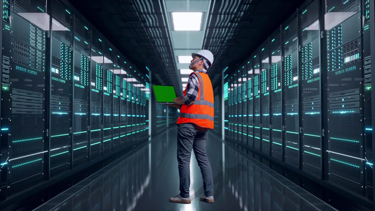 Full Body Back View Of Asian Male Engineer With Safety Helmet Working On A Green Screen Laptop And Looking Around While Standing in Server Room Data Center